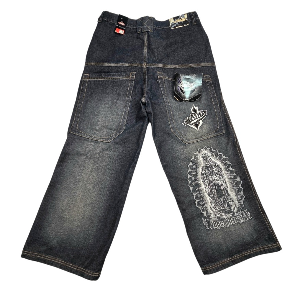Vtg SKATO Super Baggy Denim Jeans Wide Leg Embroidered Virgin Mary Patch Y2K New